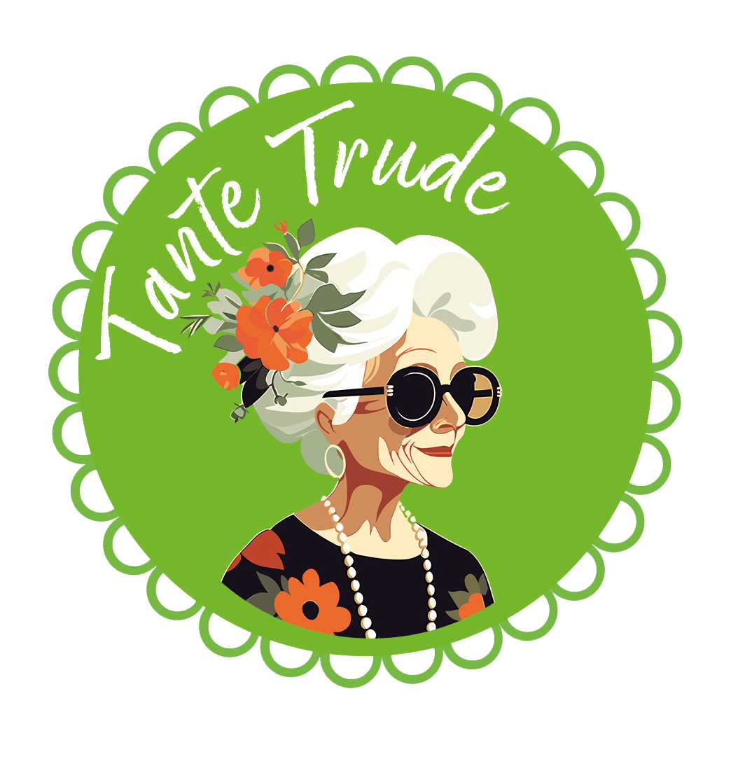 Logo mit einer lächelnden alten Frau, die Sonnenbrille und Blumen im Haar trägt. Daneben steht Tante Trude.