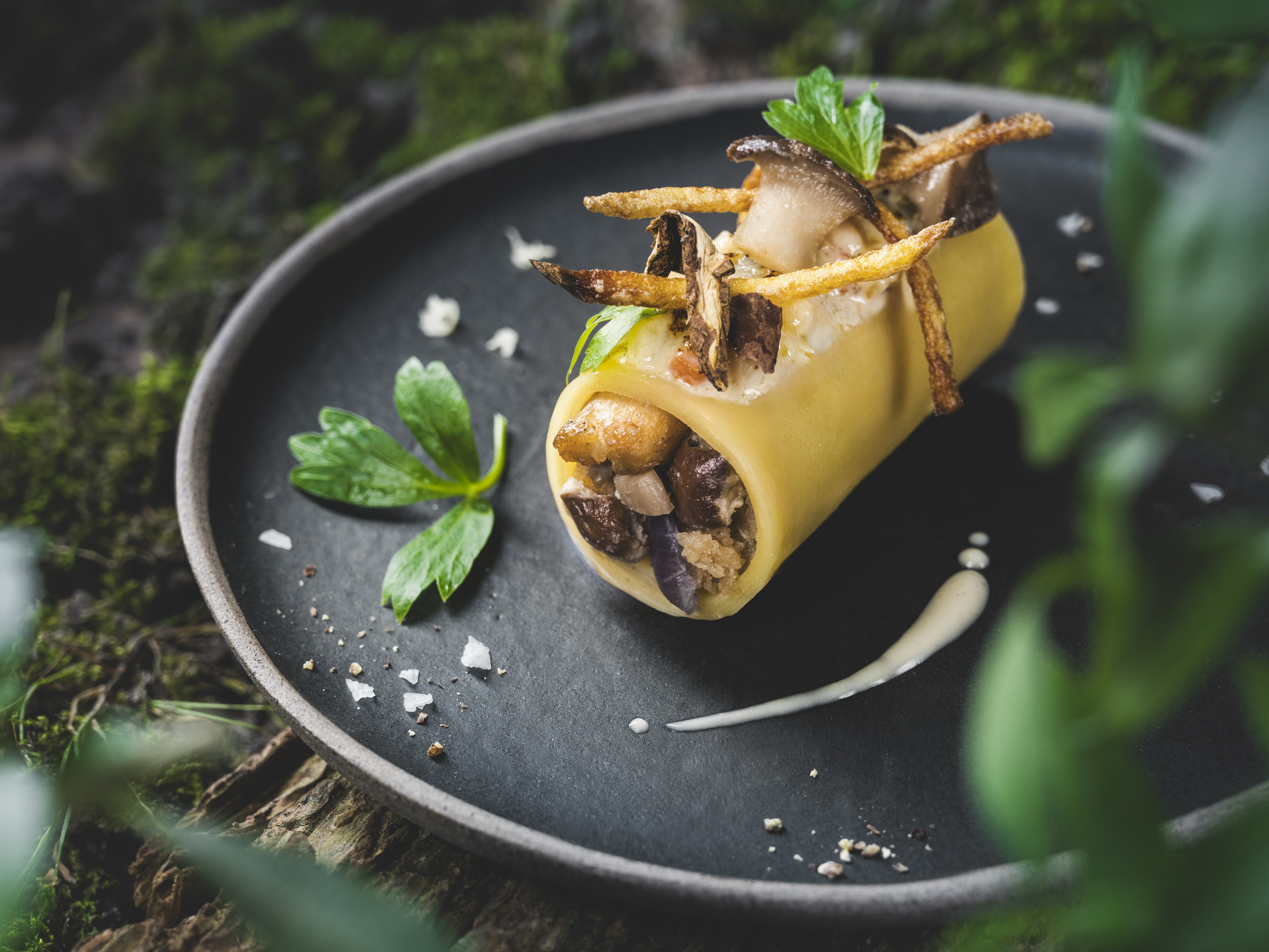 Gratinierte Steinpilzcannelloni mit einem Spritzer Gemüsesud